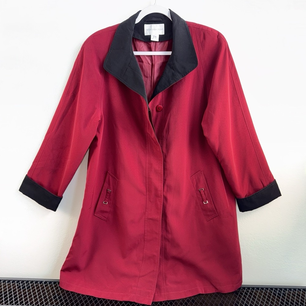 Worthington Womens Red Trench Coat Jacket Small Black Collar Lined Classic VTG